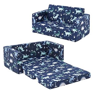 lot 8016 image: Ulax Furniture Kids Fold Out Couch 2-in-1 Children Convertible Sofa to Lounger with Soft Plush Fabric (Navy Dinosaur)