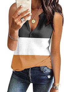 lot 8019 image: Womens Tank Tops V Neck Waffle Knit Summer Casual Sleeveless Loose Tee Shirts (Large, White&Black&Khaki)