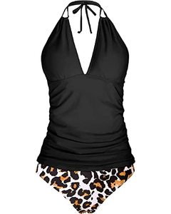 lot 8020 image: Yonique Womens Two Piece Swimsuits Tummy Control Tankini Plus Size Bathing Suit Halter V Neck Swimwear Black Leopard XL