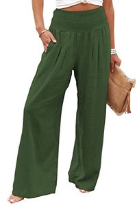 lot 8022 image: XUWNEI Womens Cotton Linen Pant Palazzo Solid Color Pajama Bottoms with Pocketed High Waist Plus Size Wide Leg Capri Palazzos Dress One Piece Pants Dark Green 3X-Large