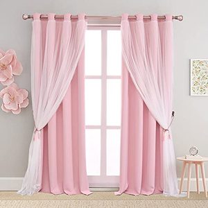 lot 8023 image: SOFJAGET Pink Blackout Curtains 96 Inch Long - Double Layers Mix & Match Elegance White Crushed Voile Curtains with Tie-Backs, Pink Drapes for Nursery, Girls Bedroom, LivingRoom, 2 PCs