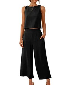 lot 8030 image: Meyhad Womens Cotton Linen 2 Piece Outfits Crop Tank Tops Wide Leg Pants Set Casual Lounge Sets(0350-Black-L)