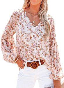 lot 8038 image: SHEWIN Womens Fashion Floral Print V Neck Spring Summer Boho Tops Loose Fit Dressy Casual Long Sleeve Bohemian Blouses Shirts for Women 2023,US 16-18(XL),White