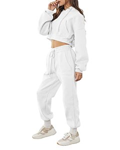 lot 8040 image: Sweatsuit for Women Two Piece Outfits Loungewear Set Casual wear Long Sleeve Crop Top Hoodie Sweatshirt Sweat Pants Jogger Athletic Track Suits White, S