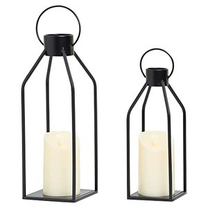 lot 8056 image: HPC Decor Modern Farmhouse Lantern Decor- Black Metal Candle Lanterns Set of 2- Lanterns Decorative w Flickering LED Candles for Home Decor, Indoor,Outdoor,Tabletop, Fireplace Mantle Decor(No Glass)