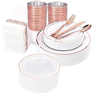 lot 8058 image: WDF 50Guest Rose Gold Plastic Plates with Disposable Plastic Silverware& Rose Gold Cups&Rose Gold Plastic Bowls&Hand Napkins-Plastic Dinnerware for Wedding&Parties, Mothers Day