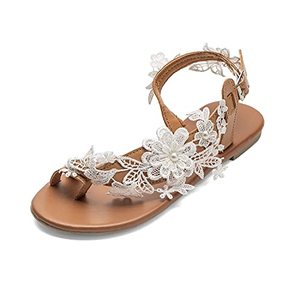 lot 8074 image: Womens Sandals Flat Clip Toe Casual Lace Floral Beach Flip Flop Comfy Shoes Summer Elegant Toe Ring Roman Sandals Comfy Dress