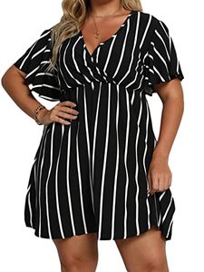 lot 8083 image: Floerns Womens Plus Size Striped Print Wrap V Neck Short Sleeve A Line Dress Black 3XL