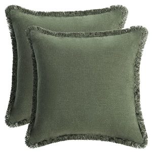 lot 8114 image: AmHoo Pack of 2 Linen Pillow Covers with Tassels Fringed Decorative Rustic Natural Throw Pillowcase Cushion for Couch Sofa Bedroom 18 x 18-Inch Green