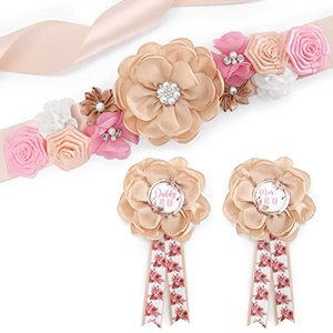 lot 8117 image: Eunikroko Floral Boho Baby Shower Sash Mom to Be Maternity Sash and Corsage Pin Set Girl Gender Reveal Decoration Bohemian Pampas Grass Flowers Belly Belt New Parents Photo Props Pregnancy Gifts