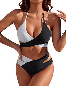 lot 8122 image: Blooming Jelly Women Sexy High Cut Bikini Set 2 Piece High Waisted Swimsuit Cheeky Bathing Suits (Medium, Black White)