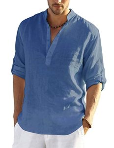 lot 8123 image: COOFANDY Mens Cotton Linen Henley Shirt Long Sleeve Hippie Casual Beach T Shirts Denim Blue