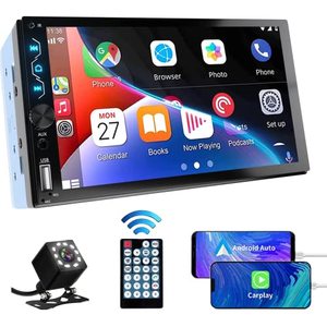lot 8136 image: Double Din Car Stereo with Apple Carplay and Android Auto,7 Inch Full HD Touchscreen Car Radio Bluetooth, Car Stereo with Backup Camera,Support Mirror Link,Steering WheelUSBAUXSubwoofer