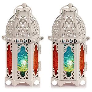 lot 8138 image: 2 Pcs Moroccan Style Candle Lantern - Small Sized Tealight Candle Holder with Transparent Glass Panels Great for Patio, IndoorsOutdoors, Events, Parties and Weddings, White