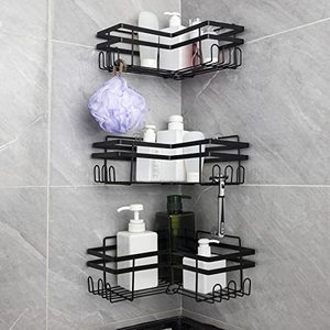 lot 8141 image: Corner Shower Caddy Adhesive Shower Organizer Corner No Drilling Shower Caddy Bathroom Wall Mounted Bathroom Storage Rack with Hooks 3 Pack (Black)