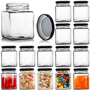 lot 8153 image: Jucoan 15 Pack Square Glass Jar with Black Airtight Lids, 10 oz Small Glass Mason Jar Canning Jars for Jam, Spices, Honey, Jelly, Baby Shower, Wedding Favor