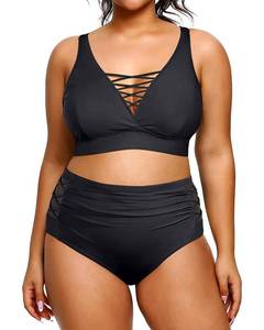 lot 8159 image: Yonique Two Piece Plus Size Swimsuit for Women High Waisted Bikini Tummy Control Bathing Suits Full Coverage Swimwear Black 14Plus