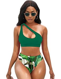 lot 8171 image: NAFLEAP Womens One Shoulder Sport Bikini Set High Waisted Cutout Swimsuit Crop Top Bathing Suit (Green Print, Large)