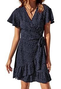 lot 8178 image: Womens Summer Polka Dot V Neck Wrap Dresses Ruffle Hem Beach Mini Dress Navy Blue XL