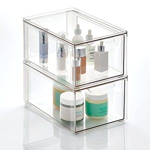 lot 8184 image: mDesign Plastic Stackable Bathroom Storage Organizer Bin with Pull Out Drawer for Cabinet, Vanity, Shelf, Cupboard, Cabinet, or Closet Organization - Lumiere Collection - 2 Pack - Clear