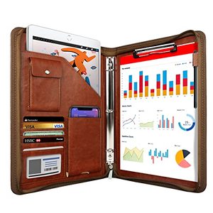 lot 8186 image: Zippered Portfolio Organizer, WRIYES Leather Padfolio with 3 Ring Binder, Professional Business Binder, Organizer for IPadDocument, Phone & Business Cards, Office Gifts for Men or Women (Brown)