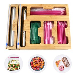 lot 8187 image: Bamboo Storage Organizer, Foil and Plastic Wrap Dispenser with Cutter, Plastic, Ziplock Bag Organizer for Gallon, Quart, Sandwich & Snack etc.