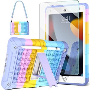 lot 8196 image: iPad 9th8th7th Generation Case 10.2 with 9H Tempered Glass Screen Protector Pencil Holder Kickstand&Shoulder Strap for Kids Ambison Push Popit Fidget Case for iPad 10.2 inch 202120202019-Rainbow