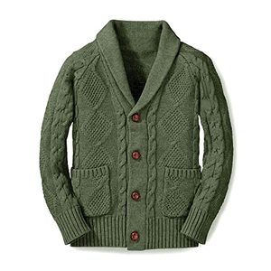 lot 8211 image: Inorin Boys Sweater Cardigan Button Down Shawl Collar Cable Knitted Outwear Sweater Coats with Pockets Army Green