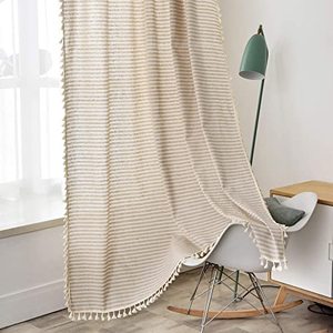 lot 8217 image: ColorBird Striped Semi-Blackout Window Curtains 2 Panels Farmhouse Style Cotton Linen Darkening Curtains with Tassel Rod Pocket Window Drapes for Dining Living Bedroom (52 W x 84 L, 1 Pair, Beige)