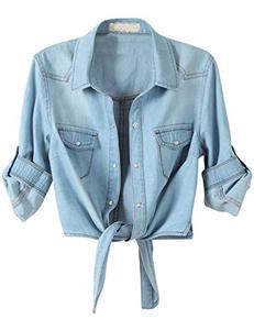 lot 8227 image: PUWEI Womens Denim Shirts Casual Button Up 34 Sleeve Tie Front Jean Crop Tops (1699-LightBlue-L)