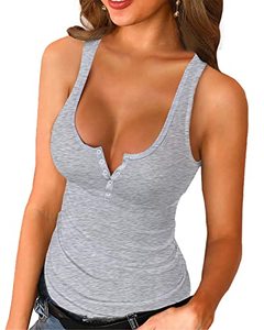 lot 8245 image: Womens Scoop Neck Henley Tank Tops Low Cut Solid Sexy Summer Sleeveless Button Down Shirts Grey