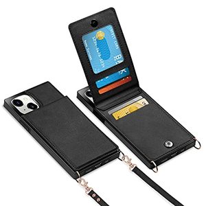 lot 8246 image: Vofolen Compatible with iPhone 13 Wallet Case with Credit Card Holder Lanyard Crossbody Strap Leather Magnetic Clasp Kickstand Heavy Duty Protective Square Flip Cover for iPhone 13 6.1 Black