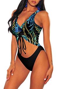 lot 8247 image: VamJump Womens V Neck High Cut Bathing Suit Printed Cutout Monokini One Piece Swimwear,XL