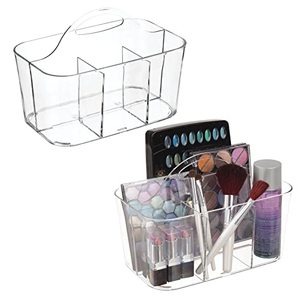 lot 8248 image: mDesign Plastic Makeup Storage Organizer Caddy Tote, Divided Basket Bin, Handle for Bathroom, Hold Eyeshadow Palettes, Nail Polish, Brushes, Shower Essentials, Small, Lumiere Collection, 2 Pack, Clear