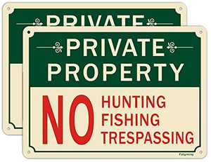 lot 8275 image: 2 Pack Private Property No Hunting No Fishing No Trespassing Signs 10 x 7 Inches Private Property Sign No Hunting Sign, Metal Reflective Sturdy Rust Aluminum Waterproof Durable