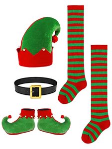 lot 8276 image: Hiwooii 4 Pieces Christmas Elf Costume Accessories Set Include Elf Hat Belt Shoes Striped Over-Knee High Socks for Kids