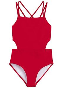 lot 8283 image: Kanu Surf Girls Beach Sport Cut-Out 1-Piece Swimsuit, Solid Red, 14