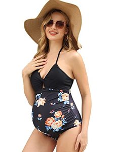 lot 8286 image: Maternity Swimwear Knotted Bodice Adjustable Halter Swimsuit Black M