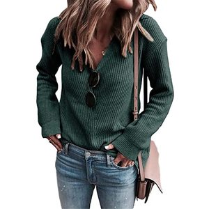 lot 8290 image: Koinshha Womens Sexy V Neck Long Sleeve Cable Knit Warm Sweaters Cozy Casual Loose Pullover Sweater Tops Green