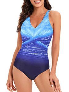 lot 8292 image: One Piece Bathing Suit for Women Front Cross Athletic Tummy Control Swimsuits V Neck Slimming Swimwear Sky Blue Stripes 2XL