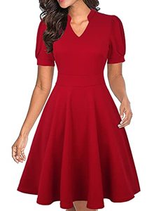 lot 8293 image: Womens Summer Red V Neck Short Sleeve Semi-Formal A-line Fit and Flare Cocktail Vintage Church Casual Business Office Cute Interview Teacher Easter Work Dresses with Pockets L