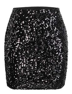 lot 8302 image: MANER Womens Sequin Skirt Sparkle Stretchy Bodycon Mini Skirts Night Out Party (MUS 8-10, Black)
