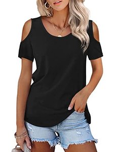lot 8303 image: PrinStory Womens Blouse Tunic Tops Short Sleeve Cold Off Shoulder Round Neck Casual Loose Shirts Black-US Medium