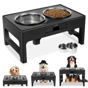 lot 8323 image: Elevated Dog Bowls Adjustable Raised Dog Bowl Stand with Double Stainless Steel Dog Food Bowls Adjusts to 3 Heights 3.9�, 7.8�, 11.8�, for Small Medium Large Dogs and Pets (Black)