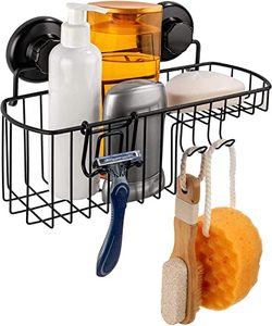 lot 8451 image: HASKO accessories Shower Caddy Suction Cup - Wall Mounted Bathroom Shelf with Hooks - Suction Shower Basket - Shower Shelf for Bathroom Shower Organizer Suction Cup - Stainless Steel SS304 (Black)