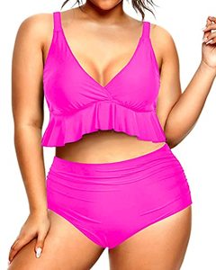 lot 8471 image: Yonique Women Plus Size Two Piece Swimsuits High Waisted Bikini Set Tummy Control Bathing Suits Ruffle Swimwear Hot Pink 14W