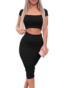 lot 8472 image: Kaximil Womens Sexy Bodycon Midi Club Dresses Basic Casual 2 Piece Outfits Crop Top Skirt Set,Medium,Black