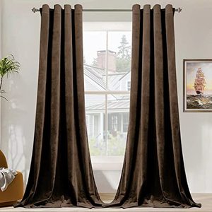 lot 8476 image: SMILETIME Brown 96 in Long Velvet Curtains with Grommet, Thermal Insulated Super Soft Privacy Noise Reducing Light Blocking Velvet Curtains for Living Room, 2 Panels, Each 52 x 96 inches Long