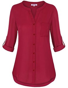 lot 8483 image: Misswor Womens Tunic Tops, Banded Collared Roll Sleeve Button Up Flowy Hem Loose Fitting Tops Button Down Hi-Low Hem Tunic Chiffon Blouses Loft Clothing Red M