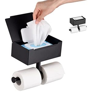 lot 8485 image: KAYNLESS Large Toilet Paper Holder with Shelf, Wipes Dispenser and Storage, Double Arm Toilet Paper Holder, Toilet Paper Holder with Flip Box, Wall-Mounted and Stick-on